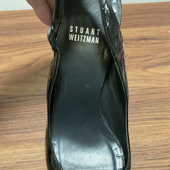 Stuart Weitzman Black Patent Leather Sling Back Peep Toe Pumps. Size 8.5. - Picture 7 of 9